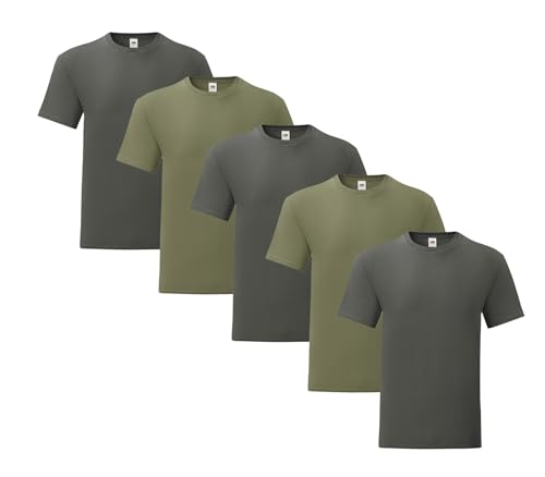 Fruit of the Loom Iconic 5er Sets Herren T-Shirt M L XL 2XL Ringspun Baumwolle, Farbe:3X Graphit 2X Olive & 1x HLKauf-Block, Größe:XXL von Fruit of the Loom