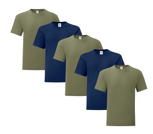 Fruit of the Loom Iconic 5er Sets Herren T-Shirt M L XL 2XL Ringspun Baumwolle, Farbe:3X Olive 2X Navy & 1x HLKauf-Block, Größe:XXL von Fruit of the Loom