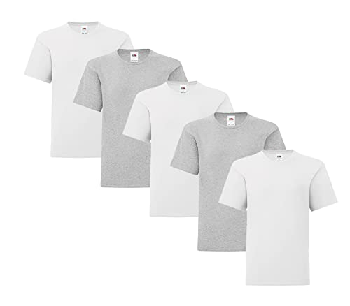 Fruit of the Loom Iconic 5er Sets Herren T-Shirt M L XL 2XL Ringspun Baumwolle, Farbe:3X Weiss 2X Grau& 1x HLKauf-Block, Größe:L von Fruit of the Loom