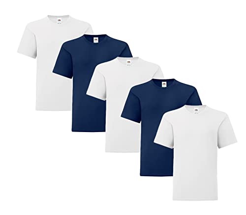 Fruit of the Loom Iconic 5er Sets Herren T-Shirt M L XL 2XL Ringspun Baumwolle, Farbe:3X Weiss 2X Navy& 1x HLKauf-Block, Größe:M von Fruit of the Loom