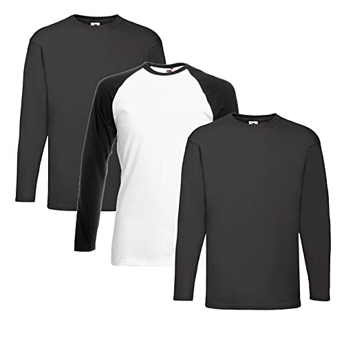 Fruit of the Loom - Langarm-Shirt 'Value Weight LS' Baseball T, Größe:3XL, Farbe:2 Schwarz + 1 Base Whiteblack + 1 HLKauf Notizblock von Fruit of the Loom