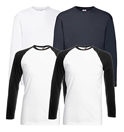 Fruit of the Loom - Langarmshirt 'Valueweight Longsleeve Baseball T' 4er Sets + 1HL-Kauf Notizblock (XL,2 Base WhiteBlack + 1LS Weiss + 1LS Deep Navy + 1 HLKauf Notizblock) von Fruit of the Loom