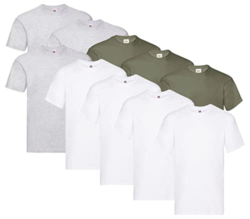 Fruit of the Loom Original T-Shirt, Farbe:4X Weiss + 3X Grau + 3X Olive + 1 HL Kauf Notizblock, Größe:L von Fruit of the Loom