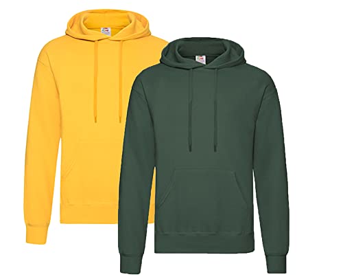 Fruit of the Loom Pullover Kapuzen Herren Sweatshirt Hoodie Hoody, 1x Gelb + 1x Flaschengrün + 1x HL-Kauf Notizblock, XXL von Fruit of the Loom