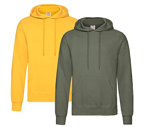 Fruit of the Loom Pullover Kapuzen Herren Sweatshirt Hoodie Hoody, 1x Gelb + 1x Olive + 1x HL-Kauf Notizblock, XXL von Fruit of the Loom