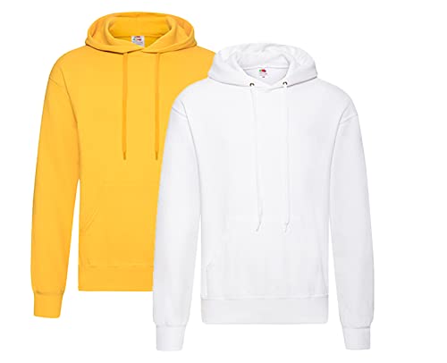 Fruit of the Loom Pullover Kapuzen Herren Sweatshirt Hoodie Hoody, 1x Gelb + 1x Weiss + 1x HL-Kauf Notizblock, XXL von Fruit of the Loom