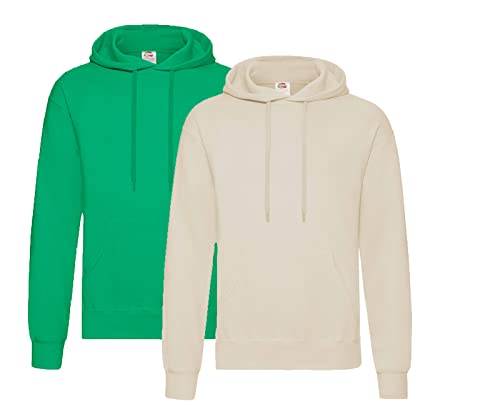 Fruit of the Loom Pullover Kapuzen Herren Sweatshirt Hoodie Hoody, 1x Maigrün + 1x Natur + 1x HL-Kauf Notizblock, XXL von Fruit of the Loom