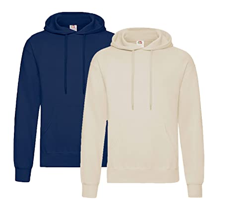 Fruit of the Loom Pullover Kapuzen Herren Sweatshirt Hoodie Hoody, 1x Navy + 1x Natur + 1x HL-Kauf Notizblock, XXL von Fruit of the Loom