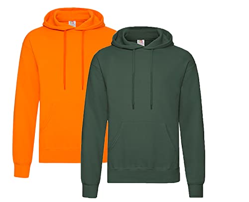 Fruit of the Loom Pullover Kapuzen Herren Sweatshirt Hoodie Hoody, 1x Orange + 1x Flaschengrün + 1x HL-Kauf Notizblock, XXL von Fruit of the Loom