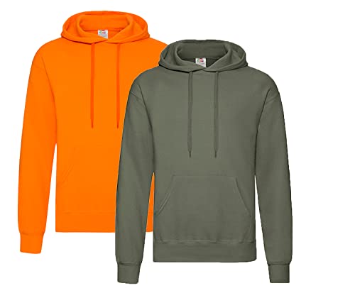 Fruit of the Loom Pullover Kapuzen Herren Sweatshirt Hoodie Hoody, 1x Orange + 1x Olive + 1x HL-Kauf Notizblock, XXL von Fruit of the Loom