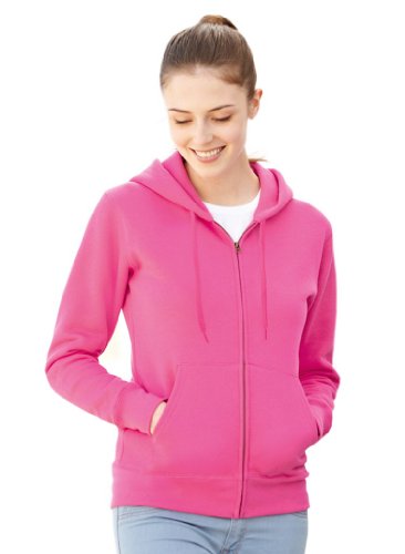 Fruit of the Loom PureDay Kapuzenjacke Damen - Durchgehender Reißverschluss, doppelte Kapuze mit Kordelzug, aufgesetzte Taschen, Rippstrickbündchen - figurbetont - Fuchsia - XL von Fruit of the Loom