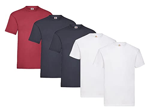 Fruit of the Loom T-Shirt aus Baumwolle, 2X Weiss + 2X Deep Navy + 1x Dunkelrot + 1 HL Kauf Block, Größe XXL von Fruit of the Loom