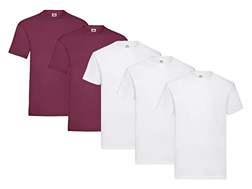 Fruit of the Loom T-Shirt aus Baumwolle, 3X Weiss + 2X Burgund + 1 HL Kauf Block, Größe M von Fruit of the Loom