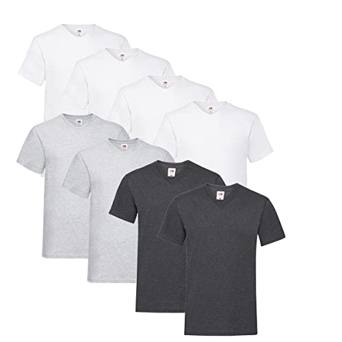Fruit of the Loom T Shirts V-Neck M L XL XXL V-Ausschnitt 100% Baumwolle 8er Pack (3XL, 4X Weiss + 2X Dark Heather + 2X Grau + 1 HL Kauf Notizblock) von Fruit of the Loom