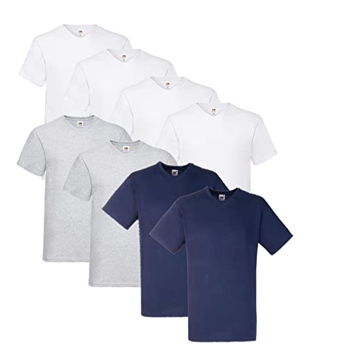 Fruit of the Loom T Shirts V-Neck M L XL XXL V-Ausschnitt 100% Baumwolle 8er Pack (5XL, 4X Weiss + 2X Navy + 2X Grau + 1 HL Kauf Notizblock) von Fruit of the Loom