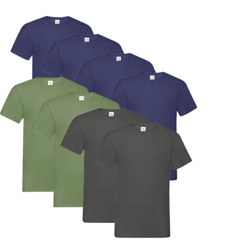 Fruit of the Loom T Shirts V-Neck M L XL XXL V-Ausschnitt 100% Baumwolle 8er Pack (L, 4X Navy + 2X Anthrazit + 2X Olive + 1 HL Kauf Notizblock) von Fruit of the Loom