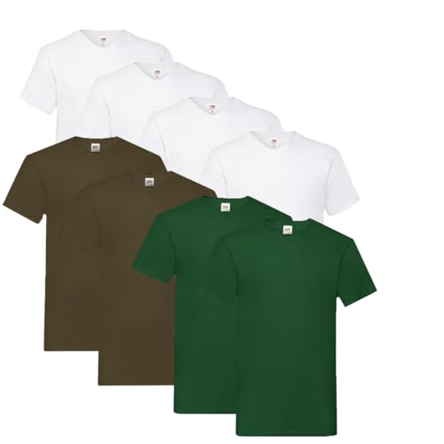 Fruit of the Loom T Shirts V-Neck M L XL XXL V-Ausschnitt 100% Baumwolle 8er Pack (L, 4X Weiss + 2X Flaschengrün + 2X Schoko + 1 HL Kauf Notizblock) von Fruit of the Loom