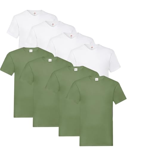 Fruit of the Loom T Shirts V-Neck M L XL XXL V-Ausschnitt 100% Baumwolle 8er Pack (M, 4X Weiss + 4X Olive + 1 HL Kauf Notizblock) von Fruit of the Loom