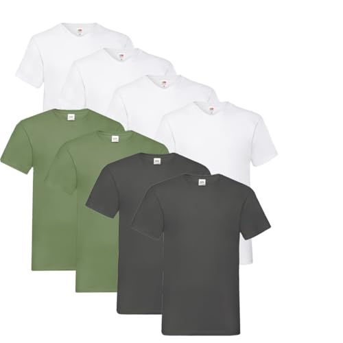 Fruit of the Loom T Shirts V-Neck M L XL XXL V-Ausschnitt 100% Baumwolle 8er Pack (XL, 4X Weiss + 2X Anthrazit + 2X Olive + 1 HL Kauf Notizblock) von Fruit of the Loom