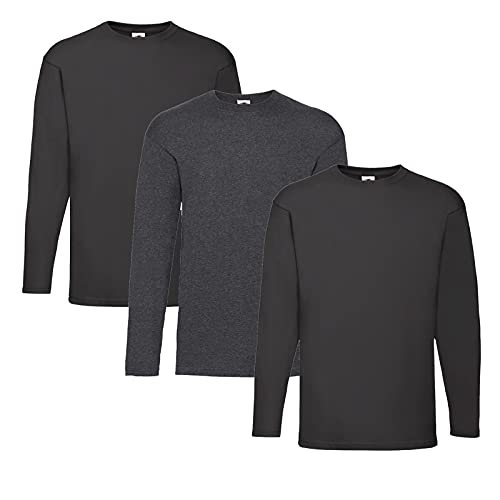 Fruit of the Loom Valueweight Langarm-T-Shirt für Herren, 2 x Schwarz + 1 x Dark Heather + 1 x Notizblock, L von Fruit of the Loom