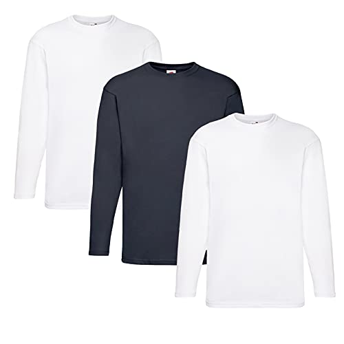 Fruit of the Loom Valueweight Langarm-T-Shirt für Herren, 2 x Weiß + 1 x dunkelblau + 1 x Hlkauf Notizblock, L von Fruit of the Loom