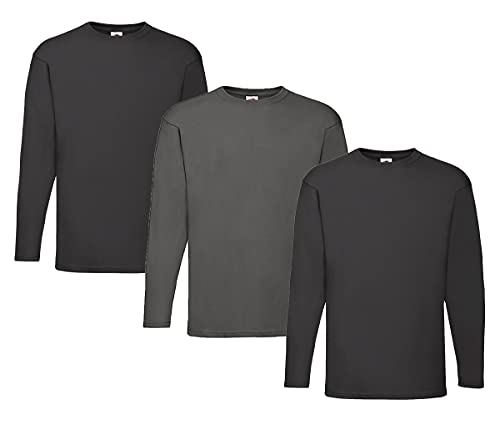 Fruit of the Loom Valueweight Langarm-T-Shirt für Herren, 2 x Schwarz + 1 x Graphit + 1 x Hlkauf Notizblock, XL von Fruit of the Loom