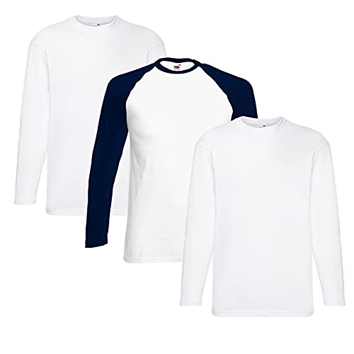 Fruit of the Loom Valueweight Langarm-T-Shirt für Herren, 2 x Weiß + 1 x Base Whitenavy + 1 x Hlkauf Notizblock, M von Fruit of the Loom