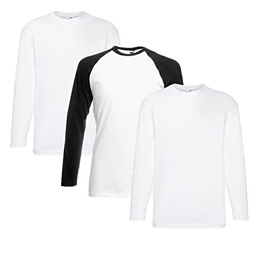 Fruit of the Loom Valueweight Langarm-T-Shirt für Herren, 2 x Weiß + 1 x Weiß-Schwarz + 1 x Hlkauf Notizblock, XXL von Fruit of the Loom