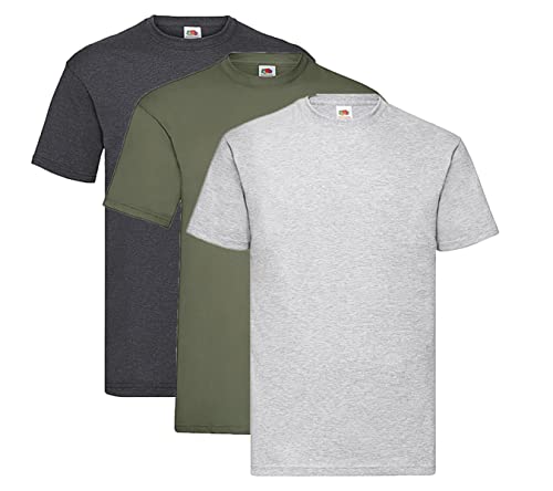 Fruit of the Loom Valueweight T-Shirt Diverse Farbsets S M L XL XXL 3XL 4XL 5XL (3XL, 1x Dark Heather + 1x Oliv + 1x Grau + 1HL Kauf Notizblock) von Fruit of the Loom