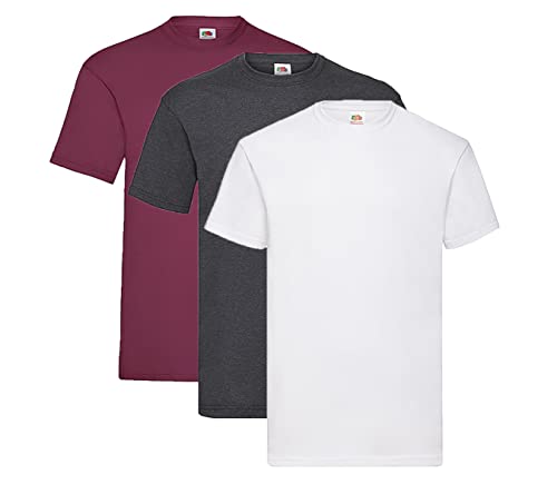 Fruit of the Loom Valueweight T-Shirt Diverse Farbsets S M L XL XXL 3XL 4XL 5XL (3XL, 1x Weiss + 1x Burgund + 1x Dark Heather + 1HL Kauf Notizblock) von Fruit of the Loom