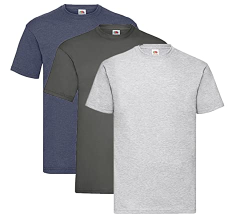 Fruit of the Loom Valueweight T-Shirt Diverse Farbsets S M L XL XXL 3XL 4XL 5XL (L, 1x Graphit + 1x Vintage Heather Navy + 1x Grau + 1HL Kauf Notizblock) von Fruit of the Loom