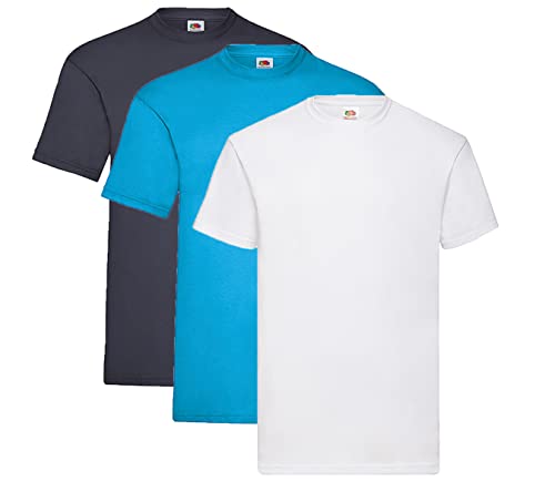 Fruit of the Loom Valueweight T-Shirt Diverse Farbsets S M L XL XXL 3XL 4XL 5XL (M, 1x Deep Navy + 1x Azur + 1x Weiss + 1HL Kauf Notizblock) von Fruit of the Loom