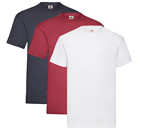 Fruit of the Loom Valueweight T-Shirt Diverse Farbsets S M L XL XXL 3XL 4XL 5XL (M, 1x Deep Navy + 1x Dunkelrot + 1x Weiss + 1HL Kauf Notizblock) von Fruit of the Loom