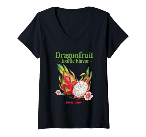 Damen Exotische Drachenfrucht, kräftige Farben, Tropische Früchte, Statement T-Shirt mit V-Ausschnitt Damen Exotische Drachenfrucht, kräftige Farben, Tropische Früchte, Statement T-Shirt mit V-Ausschnitt von FruitMuse