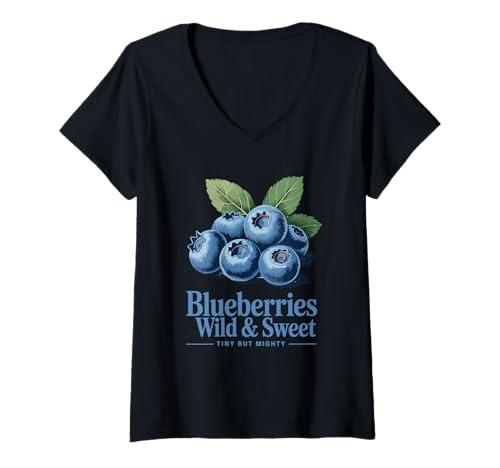 Damen Wilde und süße Blaubeeren, klein, Aber mächtig, Retro-Look T-Shirt mit V-Ausschnitt Damen Wilde und süße Blaubeeren, klein, Aber mächtig, Retro-Look T-Shirt mit V-Ausschnitt von FruitMuse