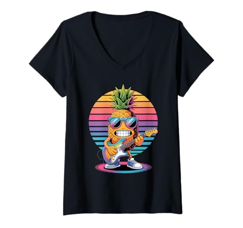 Damen Retro Ananas Gitarrist Ananasse Gitarre T-Shirt mit V-Ausschnitt Damen Retro Ananas Gitarrist Ananasse Gitarre T-Shirt mit V-Ausschnitt von Fruits Fruit Lover Gifts