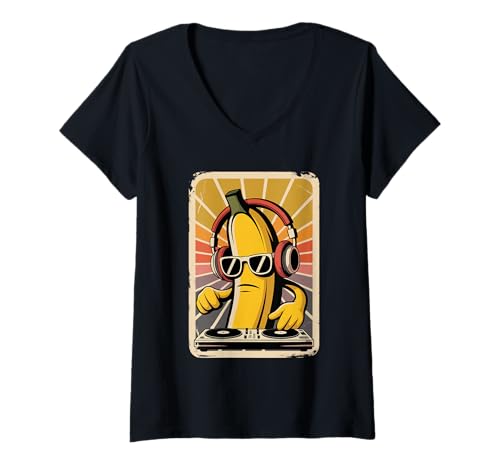 Damen Retro Banane DJ Bananen Sound Technik T-Shirt mit V-Ausschnitt Damen Retro Banane DJ Bananen Sound Technik T-Shirt mit V-Ausschnitt von Fruits Fruit Lover Gifts