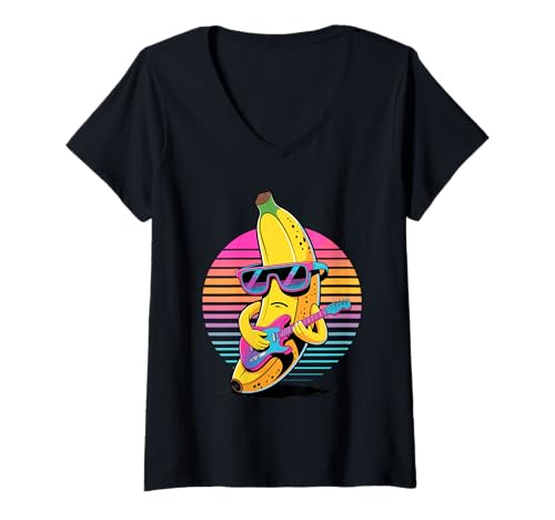 Damen Retro Banane Gitarrist Bananen Gitarre T-Shirt mit V-Ausschnitt Damen Retro Banane Gitarrist Bananen Gitarre T-Shirt mit V-Ausschnitt von Fruits Fruit Lover Gifts