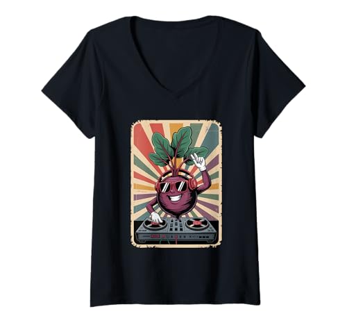 Damen Retro Bete Rote Beete DJ Beten Sound Technik T-Shirt mit V-Ausschnitt Damen Retro Bete Rote Beete DJ Beten Sound Technik T-Shirt mit V-Ausschnitt von Fruits Fruit Lover Gifts