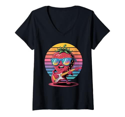 Damen Retro Erdbeere Gitarrist Erdbeeren Gitarre T-Shirt mit V-Ausschnitt Damen Retro Erdbeere Gitarrist Erdbeeren Gitarre T-Shirt mit V-Ausschnitt von Fruits Fruit Lover Gifts
