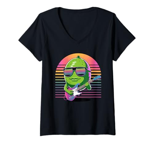 Damen Retro Limettengrün Gitarrist Limettengrüne Gitarre T-Shirt mit V-Ausschnitt von Fruits Fruit Lover Gifts