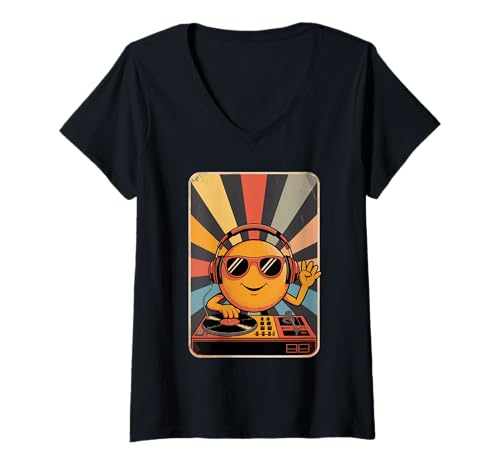 Damen Retro Orange DJ Orangen Sound Technik T-Shirt mit V-Ausschnitt von Fruits Fruit Lover Gifts