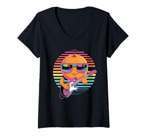 Damen Retro Orange Gitarrist Orangen Gitarre T-Shirt mit V-Ausschnitt Damen Retro Orange Gitarrist Orangen Gitarre T-Shirt mit V-Ausschnitt von Fruits Fruit Lover Gifts