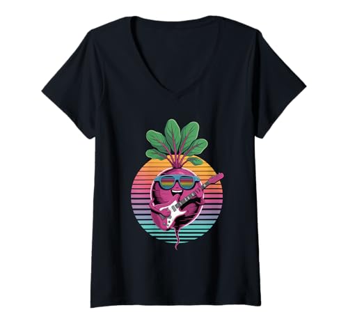 Damen Retro Rote Bete Gitarrist Rote Beten Gitarre T-Shirt mit V-Ausschnitt Damen Retro Rote Bete Gitarrist Rote Beten Gitarre T-Shirt mit V-Ausschnitt von Fruits Fruit Lover Gifts