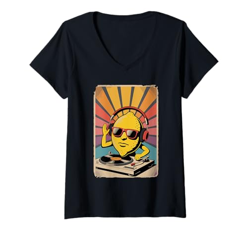 Damen Retro Zitrone DJ Zitronen Sound Technik T-Shirt mit V-Ausschnitt Damen Retro Zitrone DJ Zitronen Sound Technik T-Shirt mit V-Ausschnitt von Fruits Fruit Lover Gifts