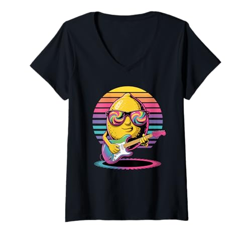 Damen Retro Zitrone Gitarrist Zitronen Gitarre T-Shirt mit V-Ausschnitt Damen Retro Zitrone Gitarrist Zitronen Gitarre T-Shirt mit V-Ausschnitt von Fruits Fruit Lover Gifts