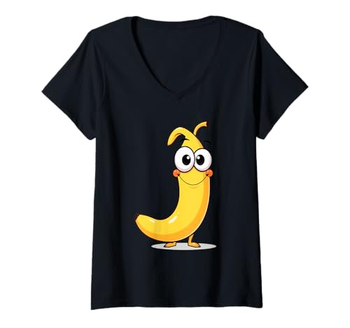 Damen Lustige Banane im Cartoonstil mit großen Augen T-Shirt mit V-Ausschnitt Damen Lustige Banane im Cartoonstil mit großen Augen T-Shirt mit V-Ausschnitt von Fruits of the World - Banana
