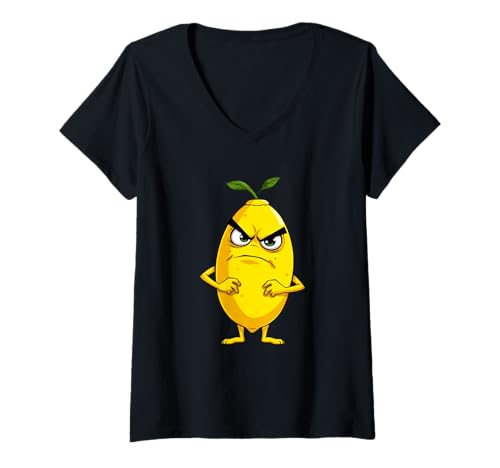 Damen Comic-Zitrone mit grimmigem Gesichtsausdruck T-Shirt mit V-Ausschnitt Damen Comic-Zitrone mit grimmigem Gesichtsausdruck T-Shirt mit V-Ausschnitt von Fruits of the World - Lemon
