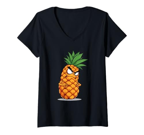 Damen Grimmige Cartoon-Ananas Charakter Illustration T-Shirt mit V-Ausschnitt Damen Grimmige Cartoon-Ananas Charakter Illustration T-Shirt mit V-Ausschnitt von Fruits of the World - Pineapple