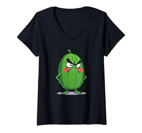 Damen Grimmige Comic-Wassermelone mit ernstem Blick T-Shirt mit V-Ausschnitt Damen Grimmige Comic-Wassermelone mit ernstem Blick T-Shirt mit V-Ausschnitt von Fruits of the World - Watermelon